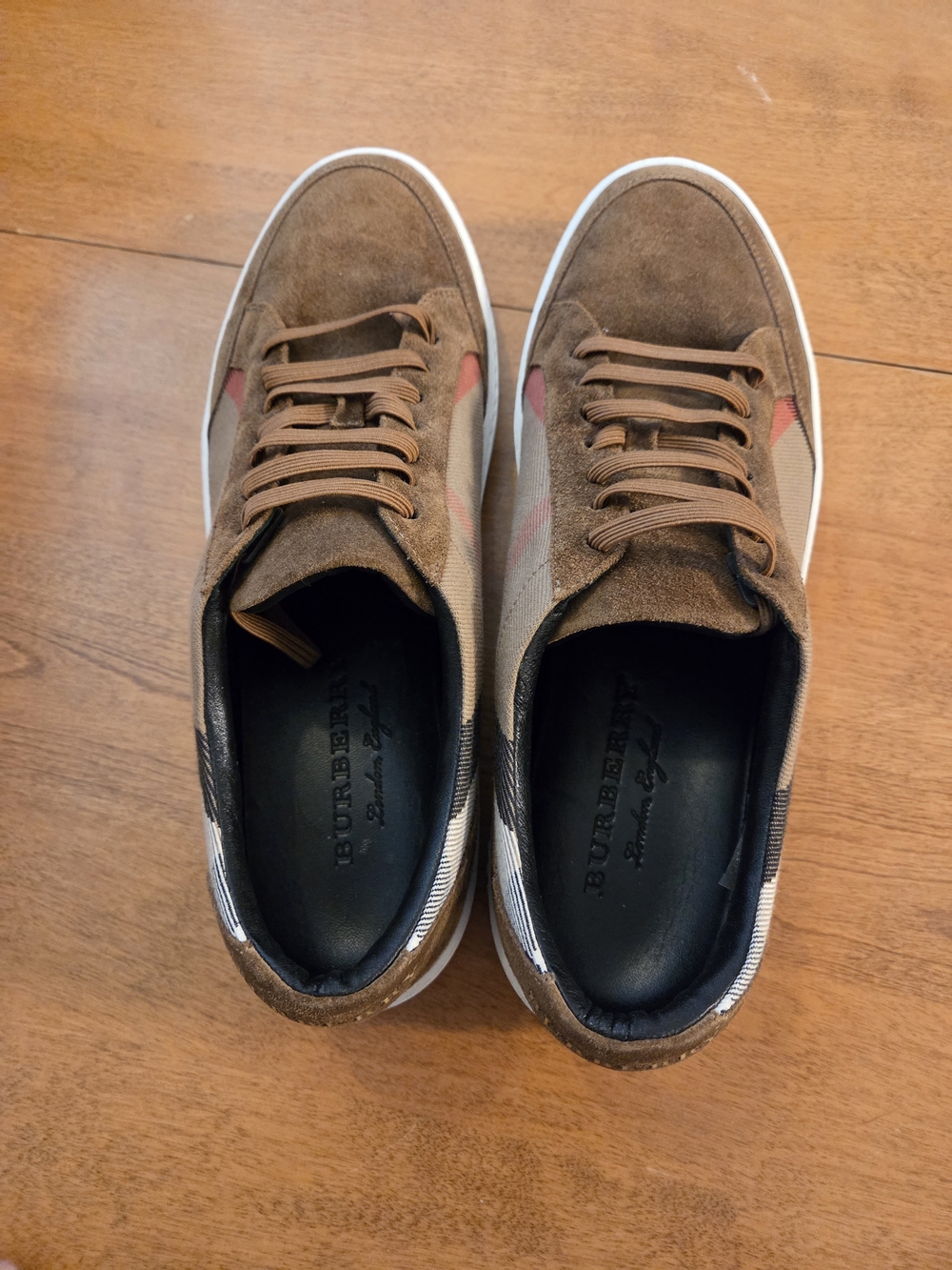 Burberry Brown Suede & Canvas Sneakers with Pink Stripe